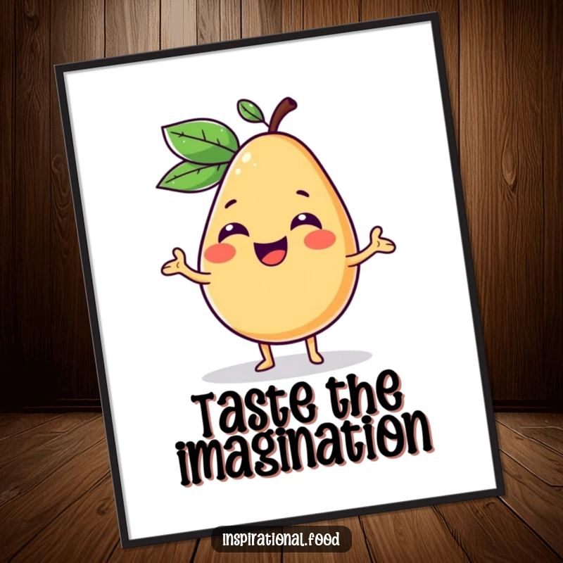 Funny poster art of a giggling fruit character presenting a colorful, inventive food concept, celebrating culinary imagination.