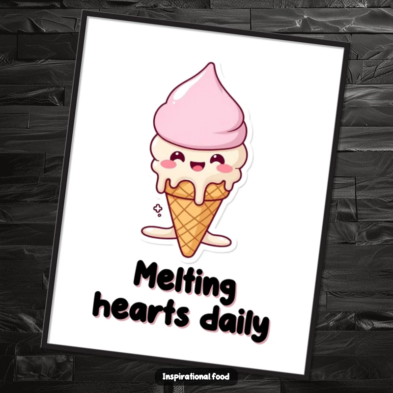 Funny poster of a beaming ice cream cone character melting into deliciousness, celebrating the joy of sweet treats.
