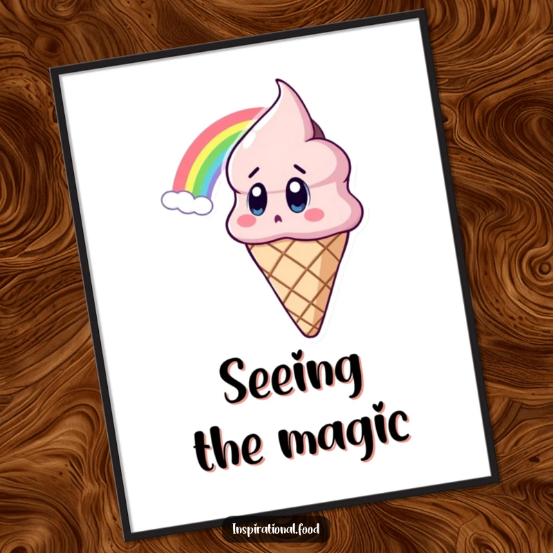 Funny Ice Cream Poster featuring an astonished ice cream cone character marveling at a vibrant rainbow, creating a whimsical wall display.