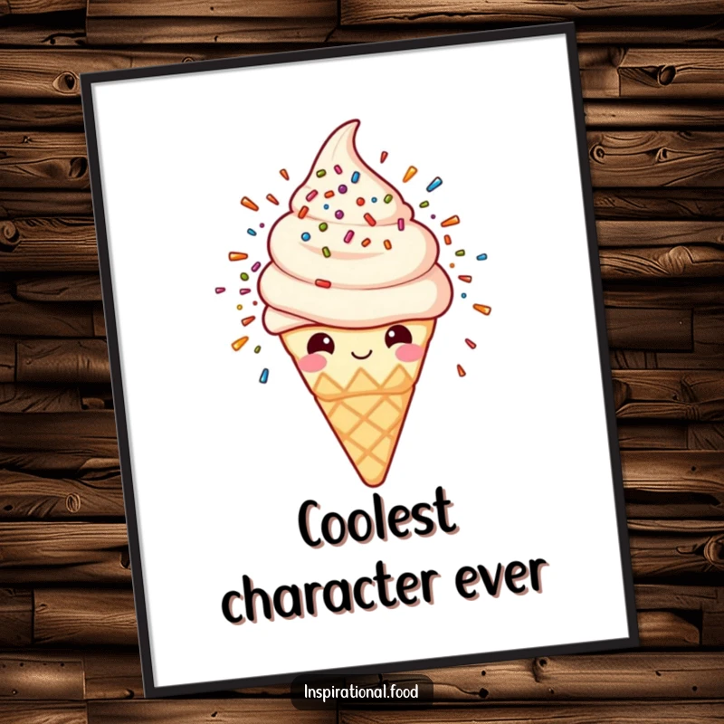 Funny poster showcasing a happy ice cream cone character exploding with colorful sprinkles, a visual treat for any room.