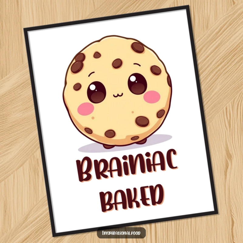 Funny Poster showcasing a beaming cookie character with wide chocolate chip eyes, radiating wisdom and a passion for creative endeavors.