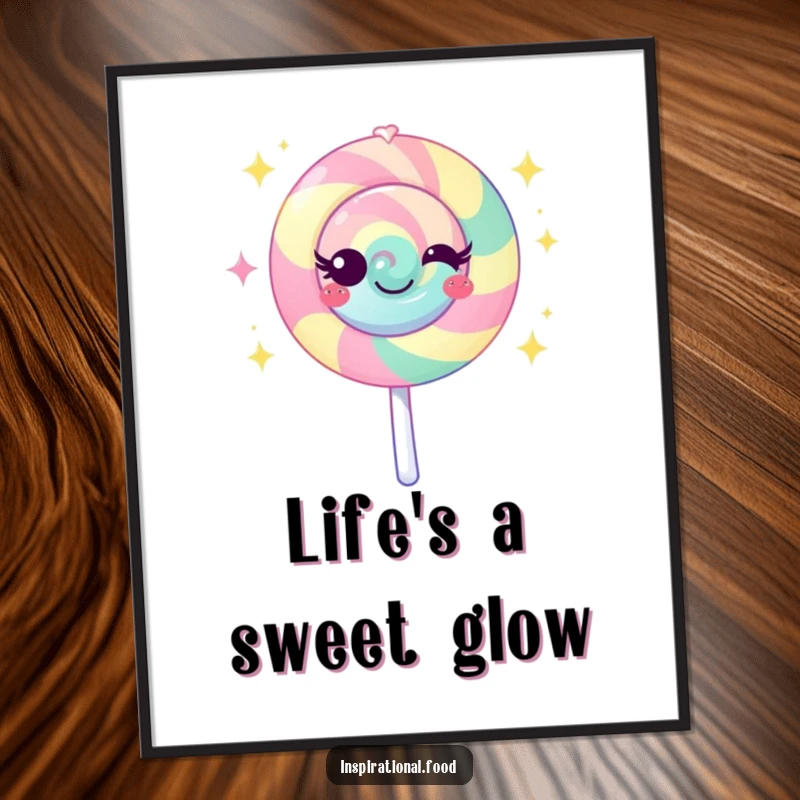 Funny lollipop poster featuring a vibrant character emanating sweet sparkles, adding a magical and playful touch to any wall.