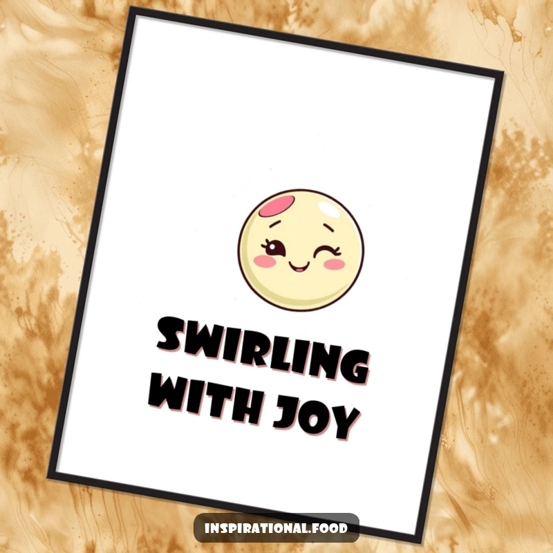 Funny macaron character poster, winking with a happy expression, creating a dynamic swirling pattern, adding a touch of sweet humor to any room.