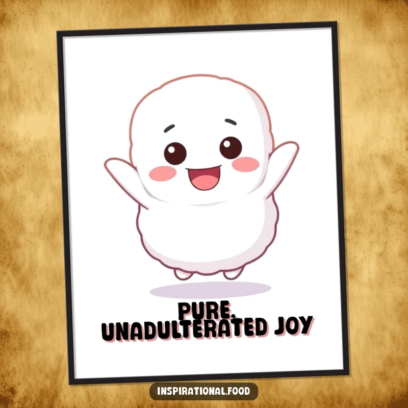Funny poster of a fluffy marshmallow character bouncing with unbridled glee, a vibrant and cheerful piece of wall art.