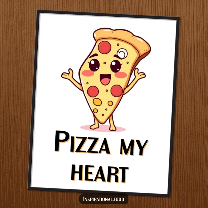 Funny poster of a proud pizza slice character showcasing a vibrant topping array, celebrating the art of pizza.