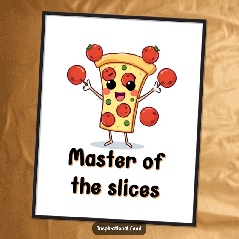 Funny poster depicting a pizza slice character juggling pepperoni slices with impressive skill, adding humor to any room.