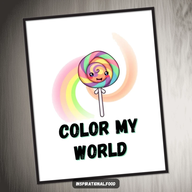 Funny Poster displaying a joyful lollipop character mid-creation of a swirling, colorful rainbow effect, bringing cheer to any room.