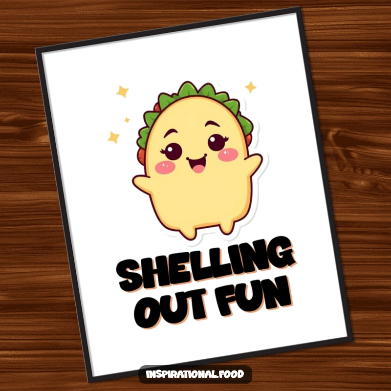 Funny taco wink poster artwork, a smiling taco character giving a playful wink, perfect for kitchens or dining areas seeking a fun vibe.