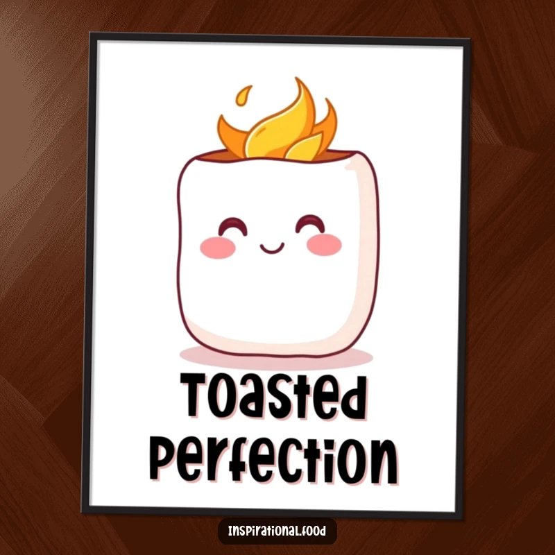 Funny Poster: A cheerful marshmallow with a rosy blush being toasted, bringing warmth, cuteness, and cozy vibes.