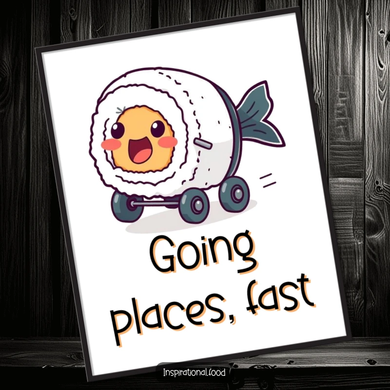 Funny poster of an excited sushi roll character with simple dot eyes, zooming forward on tiny wheels.
