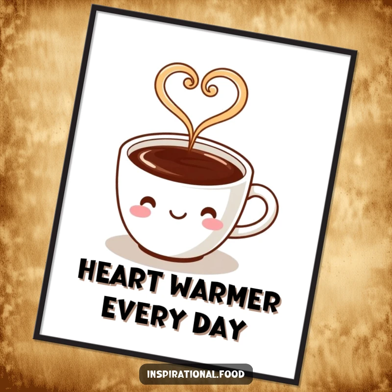 Funny poster of a coffee cup character with steam forming a heart, bringing warm and loving vibes to any wall.