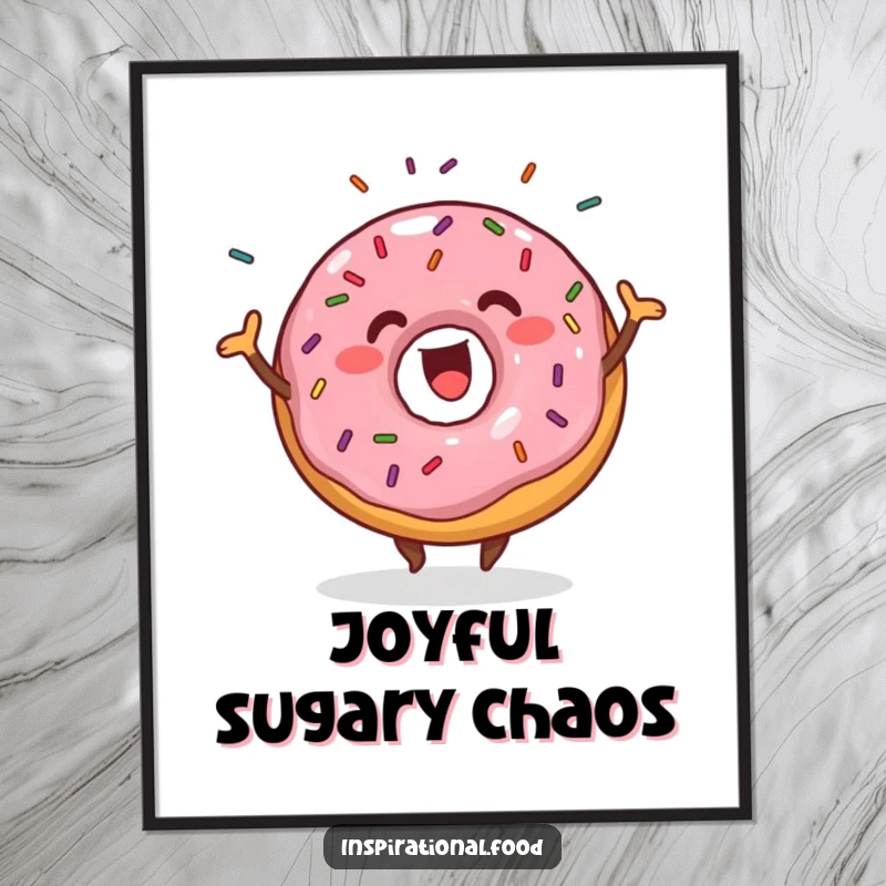 Funny enthusiastic donut wiggling with sprinkles shaking off on a poster, sweet and vibrant wall art.