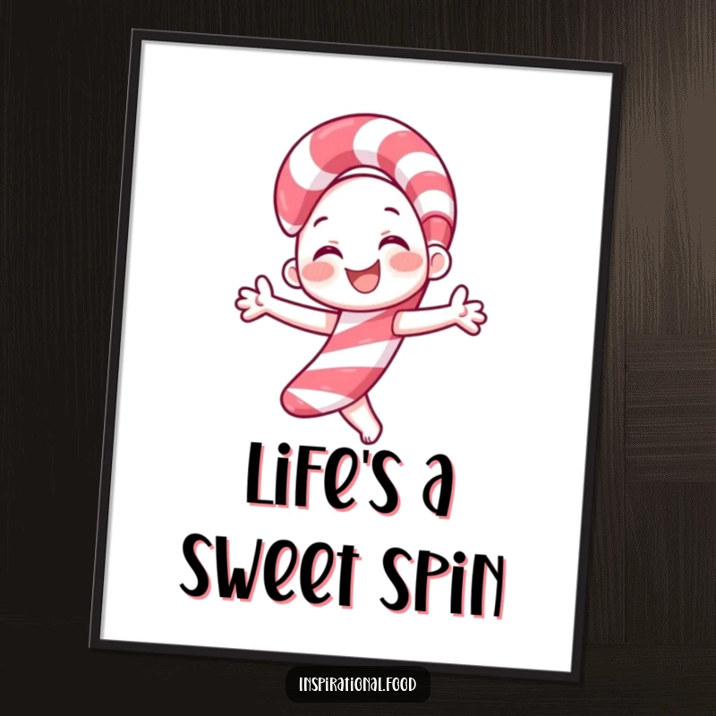 Funny candy cane poster featuring a smiling character joyfully twirling, perfect for adding a festive and playful vibe to any room.