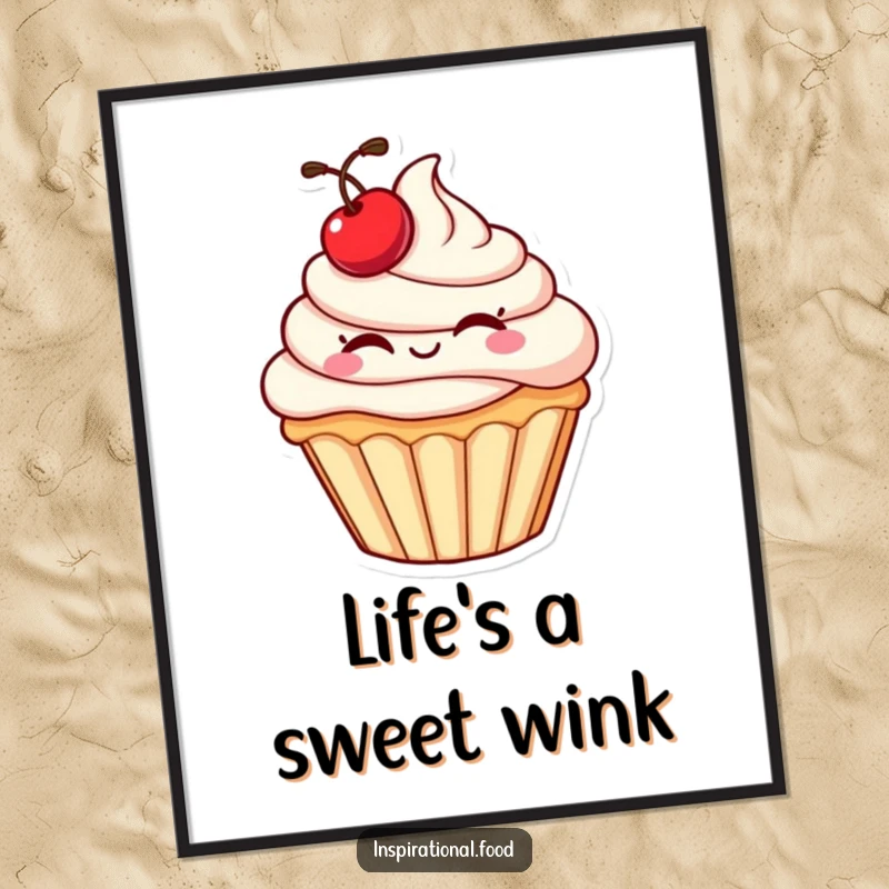 Funny cupcake poster featuring a plump character with a cherry giving a wink, adding a sweet and humorous artistic touch.