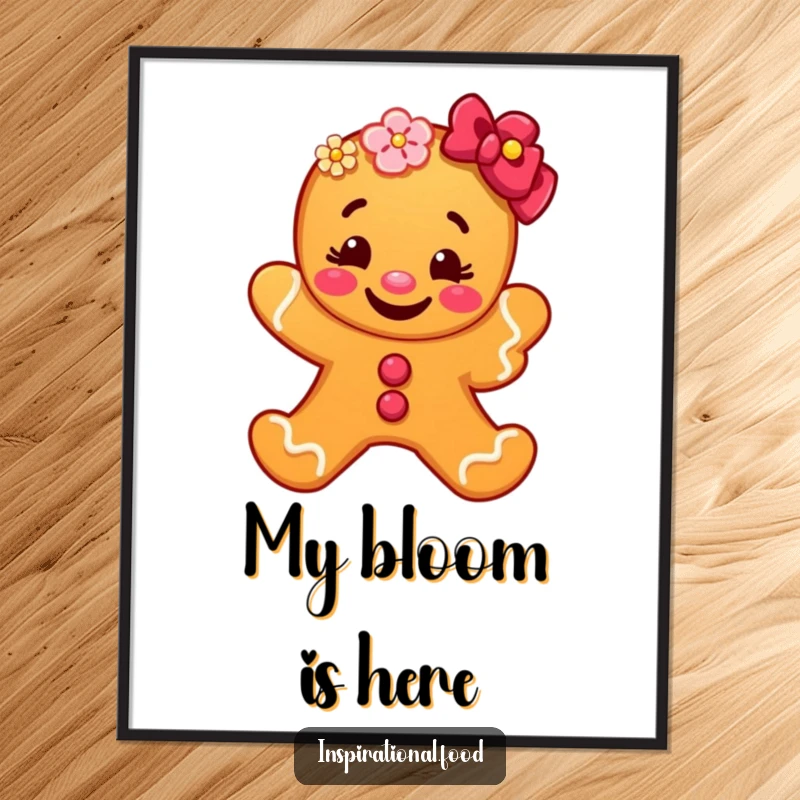 Funny gingerbread man character artfully depicted offering a bright flower, with a wide grin, adding a humorous and cheerful touch to wall decor.