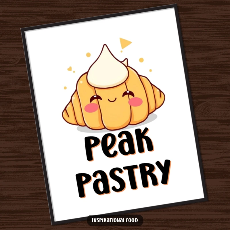 Funny poster art of a content croissant visualizing an enormous butter mountain, a whimsical and humorous food-themed illustration.