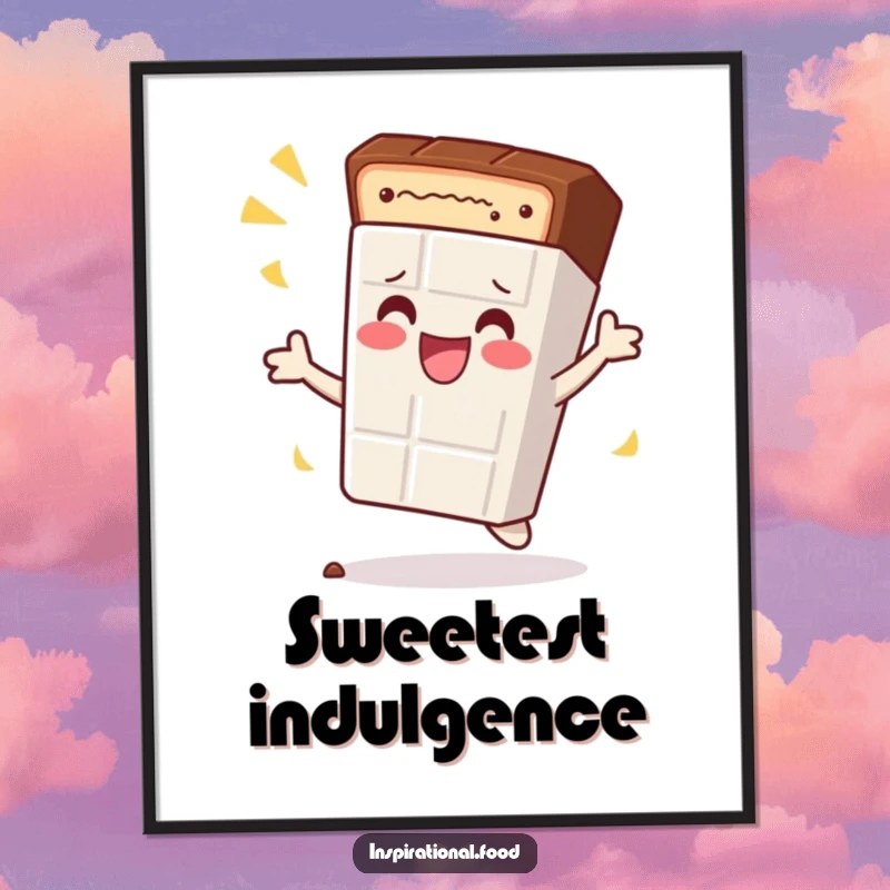 Funny poster of a content chocolate bar character doing a celebratory spin, bringing sweet, humorous vibes to any room.