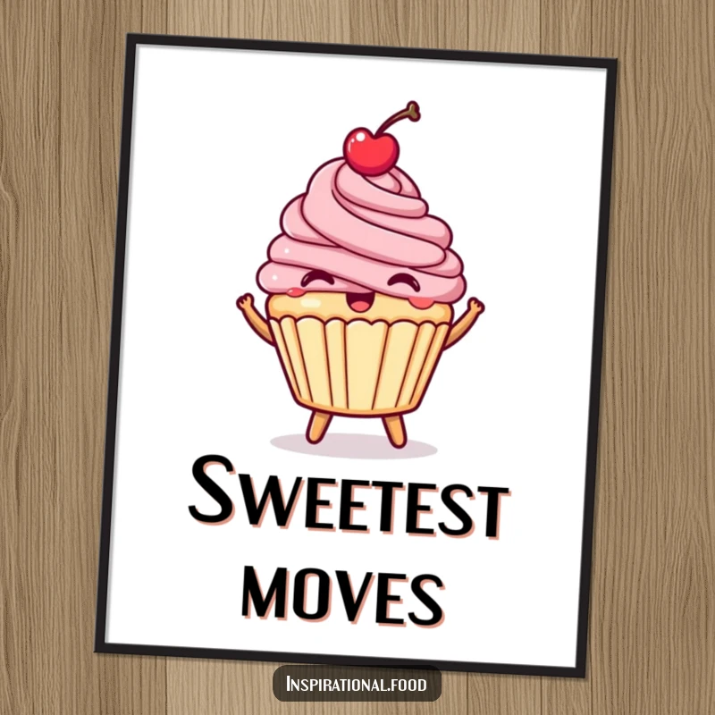 Funny happy cupcake poster, a bouncing dessert with a cherry on top, cute and humorous wall art.