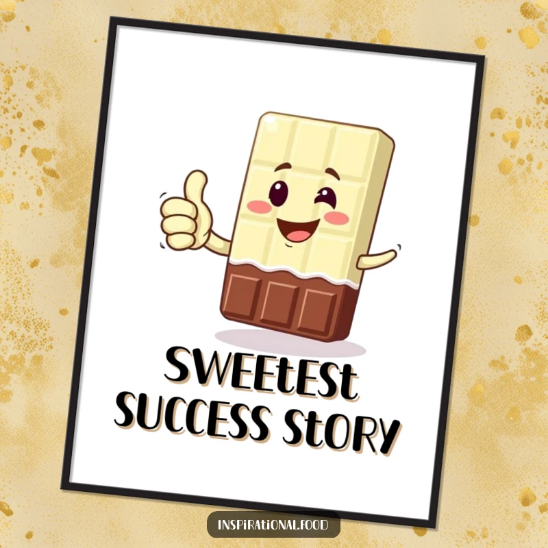 Funny poster of a grinning chocolate bar character giving a thumbs up, a joyful and victorious image for wall decor.