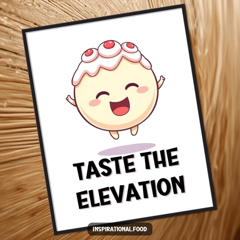 Funny poster of a round cake character levitating with a happy, delighted expression, a magical and sweet piece of art.