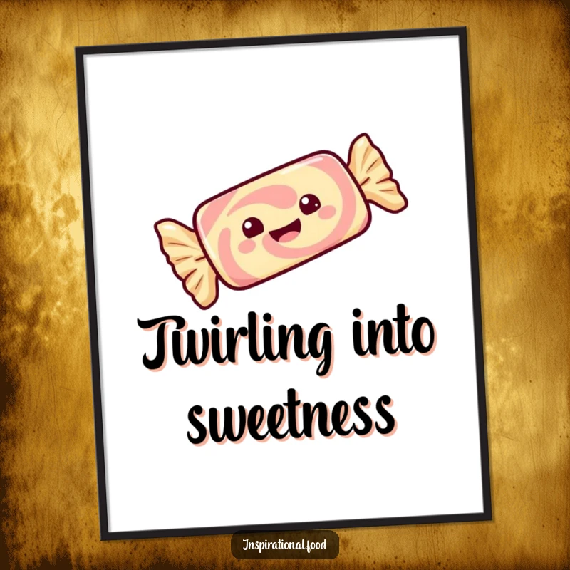 Funny poster art of a gleeful candy bar with its wrapper twirling with delight, adding a pop of fun.