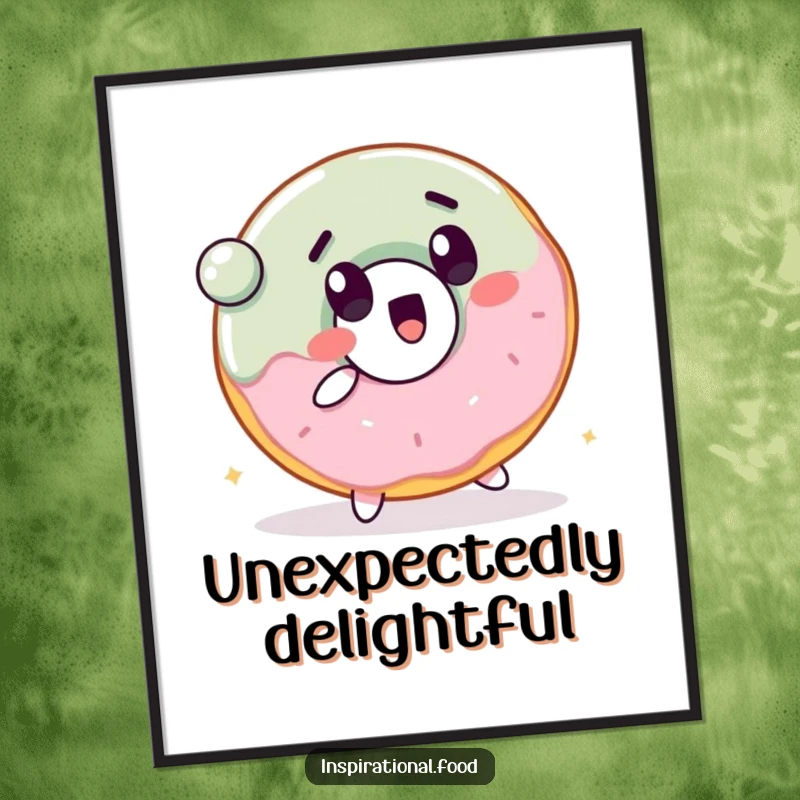 Funny poster of a cheerful donut character with a surprised expression, bouncing a ball with playful energy.