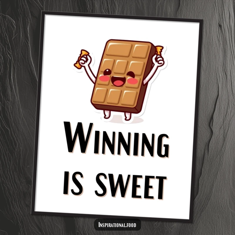 Funny chocolate bar poster with a beaming character proudly holding a golden wrapper aloft, symbolizing sweet victory and a triumphant spirit.