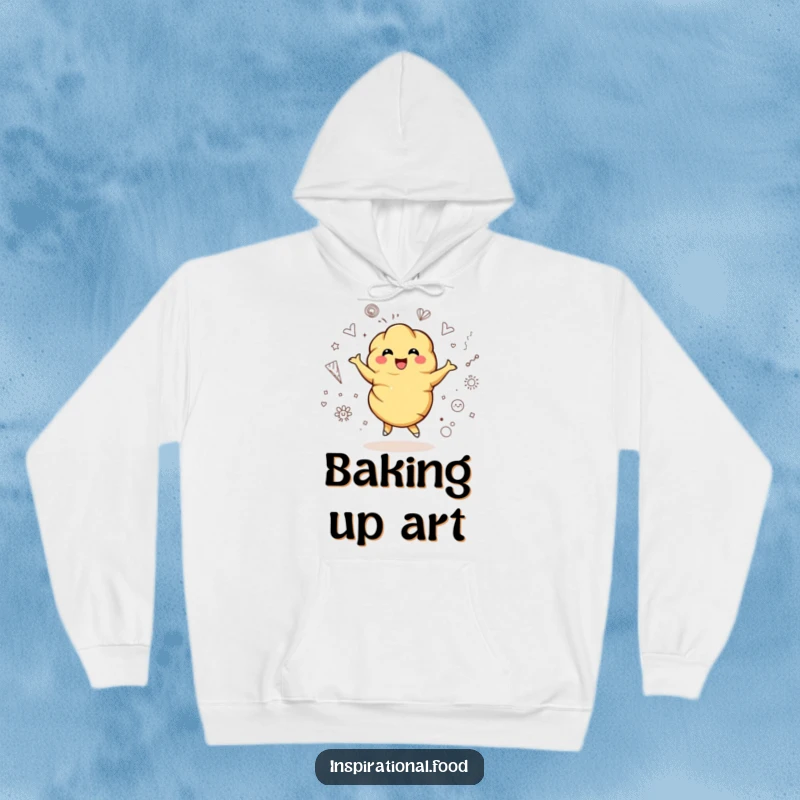 Funny hoodie featuring a bubbly croissant character joyfully twirling amidst a lively collection of artistic doodles, for creative comfort.