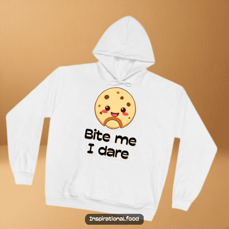 Funny hoodie depicting a smiling cookie character with a bite taken out, offering warmth and cheerful vibes.