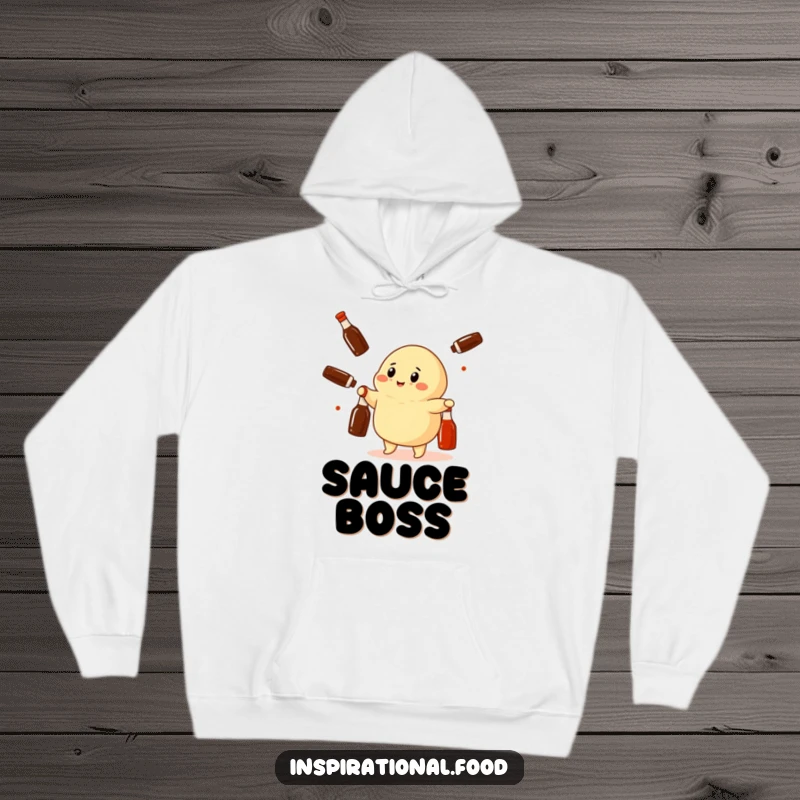 Funny dumpling character juggling miniature soy sauce bottles on a warm, comfortable hoodie, blending comfort with cute food art.