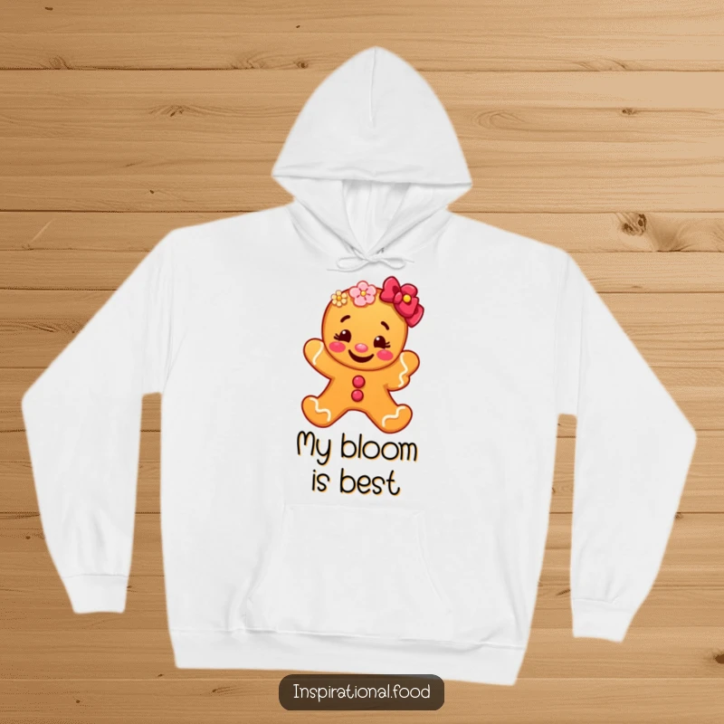 Funny gingerbread man hoodie design featuring a grinning character presenting a beautiful flower, radiating warmth and a humorous, joyful spirit.