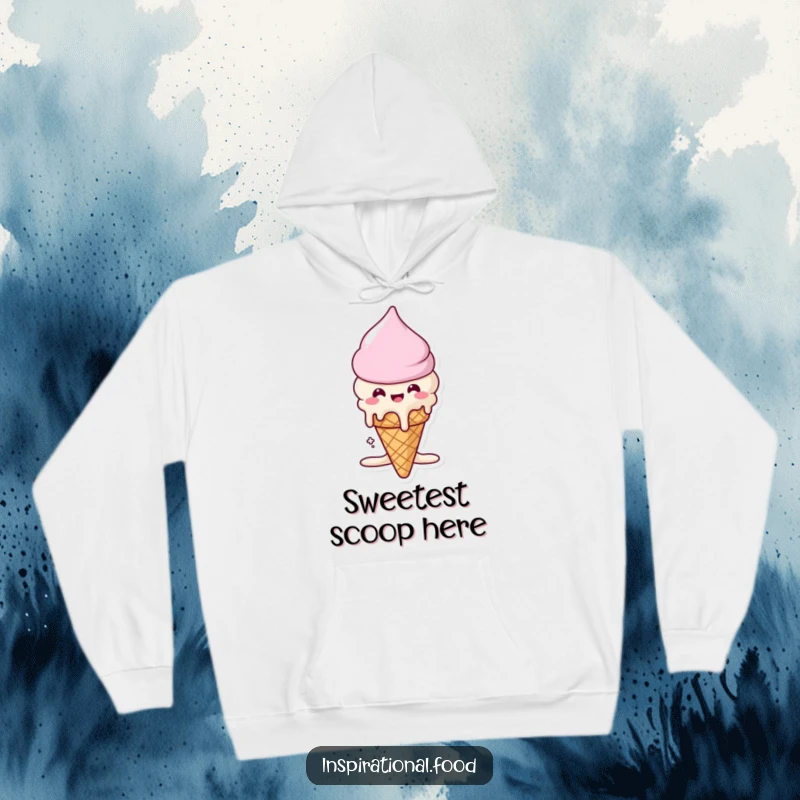 Funny hoodie depicting a beaming ice cream cone character melting into deliciousness, offering warmth and sweet comfort.