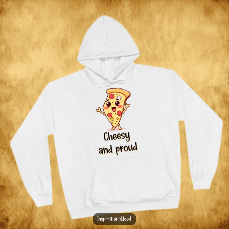 Funny hoodie depicting a proud pizza slice character showcasing an array of toppings, offering warmth and cheesy goodness.