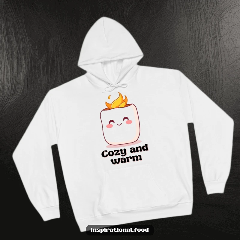 Funny Hoodie: A cheerful marshmallow with a rosy blush being toasted, offering cozy comfort and a sweet, warm design.