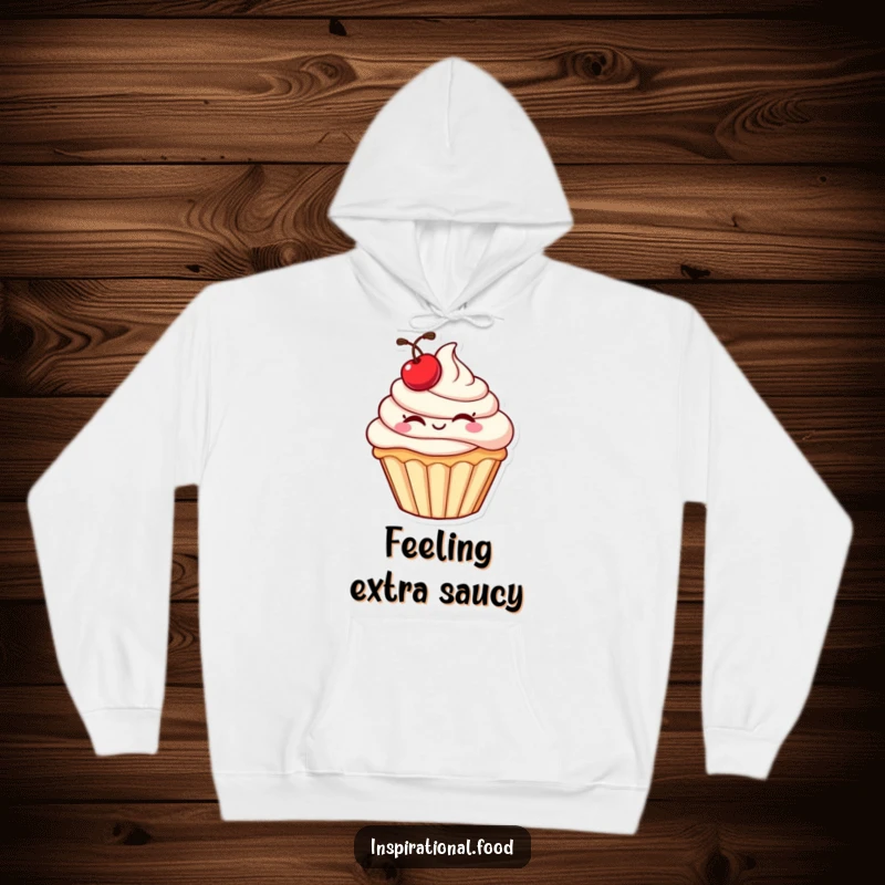 Funny cupcake hoodie featuring a plump character and cherry, giving a wink for cozy and humorous everyday wear.