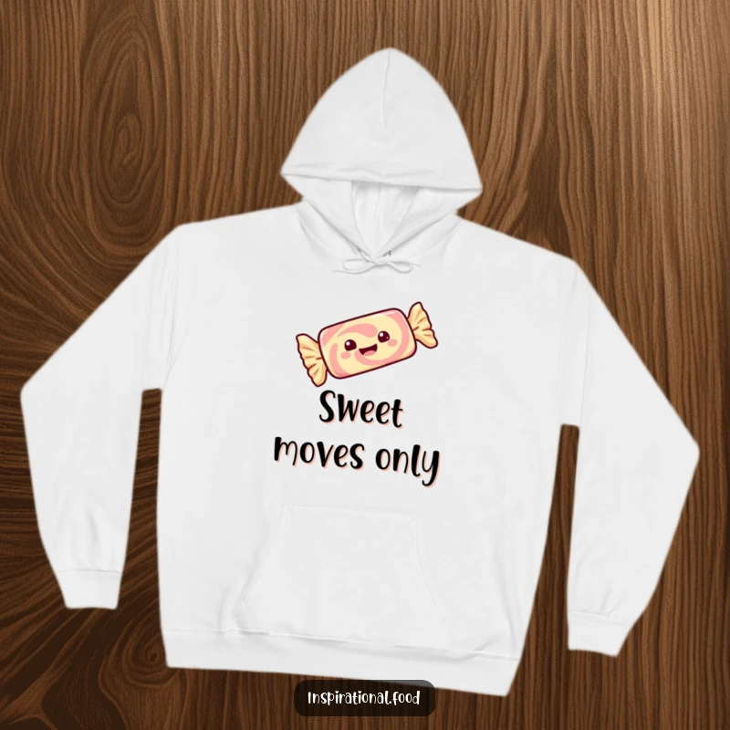 Funny cozy hoodie featuring a gleeful candy bar with its wrapper twirling with delight, perfect for sweet lovers.