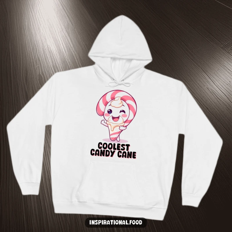 Funny hoodie featuring a candy cane character smiling broadly while offering a scoop of ice cream, perfect for holiday lovers.