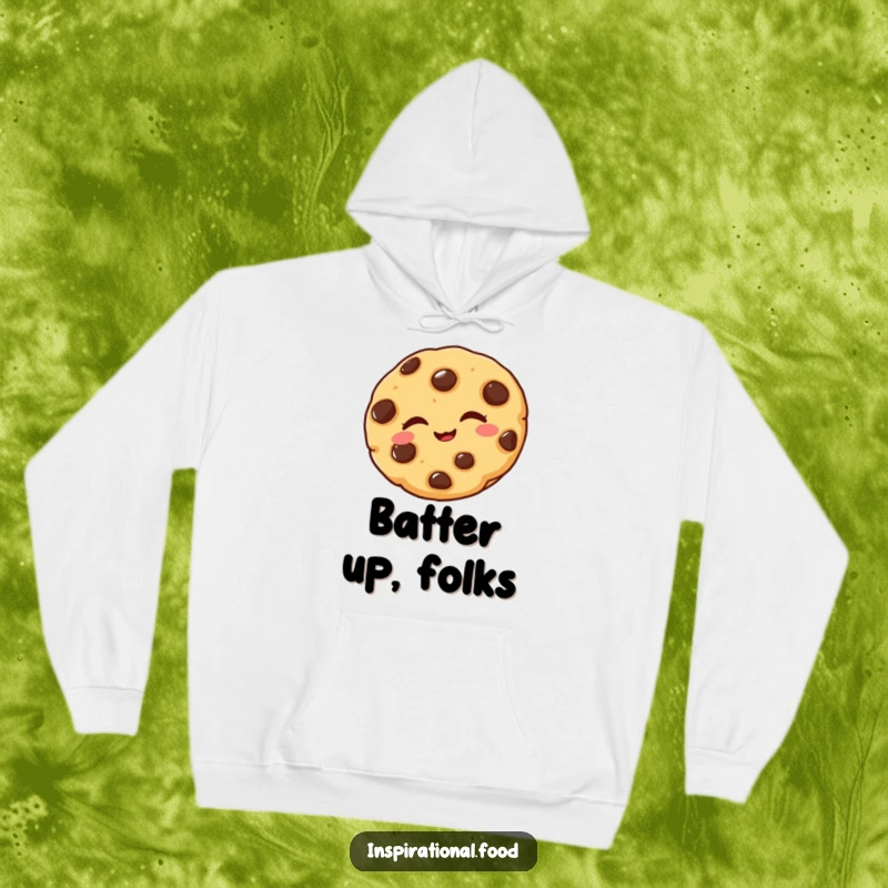 Funny cozy hoodie featuring a delighted chocolate chip cookie winking playfully, perfect for staying warm and cheerful.