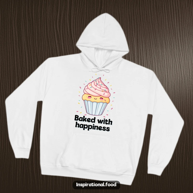 Funny hoodie print of a delighted cupcake anticipating a shower of candy sprinkles, exuding pure sugary joy.