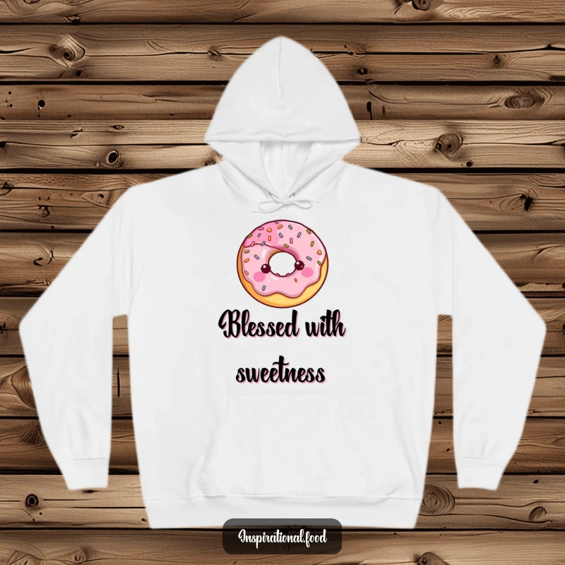 Happy donut character with a halo of shiny sprinkles on a soft, cozy hoodie.