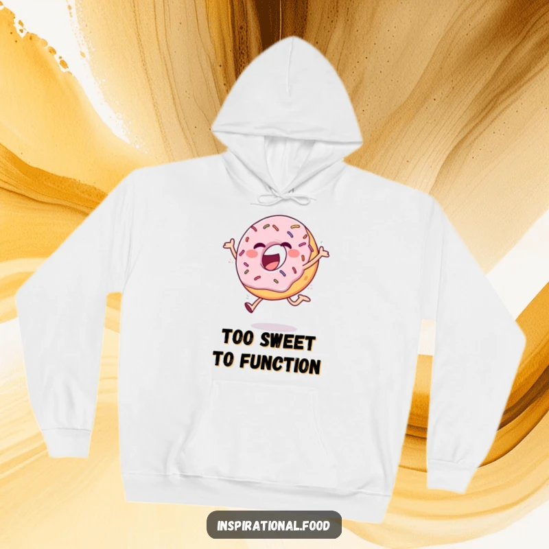 Funny ecstatic donut with sprinkles making a cheerful leap, featured on a warm and cozy hoodie, a wonderful funny gift.