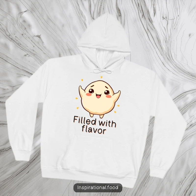 Funny hoodie with a smiling dumpling character brimming with artistic food concepts, celebrating culinary innovation.