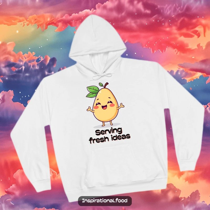 Funny hoodie with a giggling fruit character showcasing a vibrant, imaginative food concept, celebrating culinary breakthroughs.