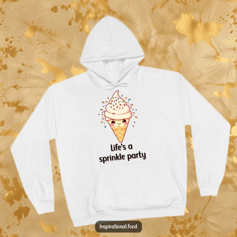 Funny hoodie with a smiling ice cream cone at the center of a colorful sprinkle explosion, celebrating sweet moments.