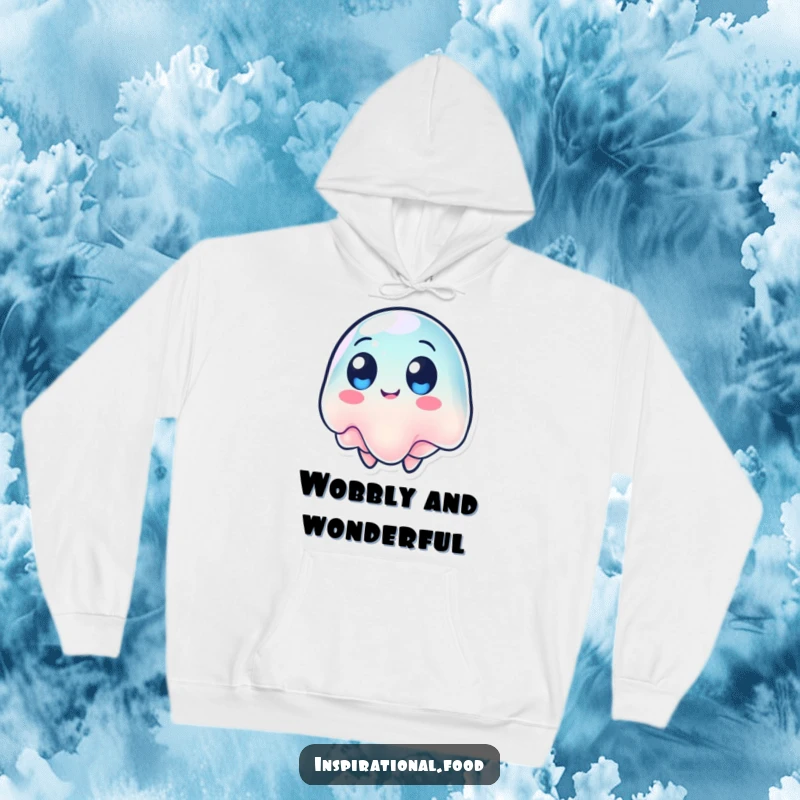 Funny hoodie with a wobbling jelly character with round eyes, spinning around in a delightful, dizzy motion.