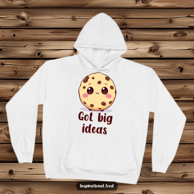 Funny Hoodie displaying a beaming cookie character with wide, inspired chocolate chip eyes, perfect for brainstorming sessions.