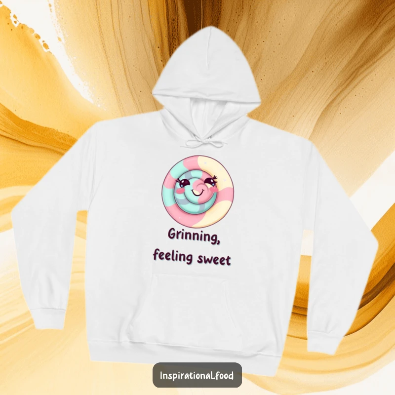 Funny candy swirl hoodie featuring a delighted character with a playful grin, offering cozy and humorous sweet-themed comfort.