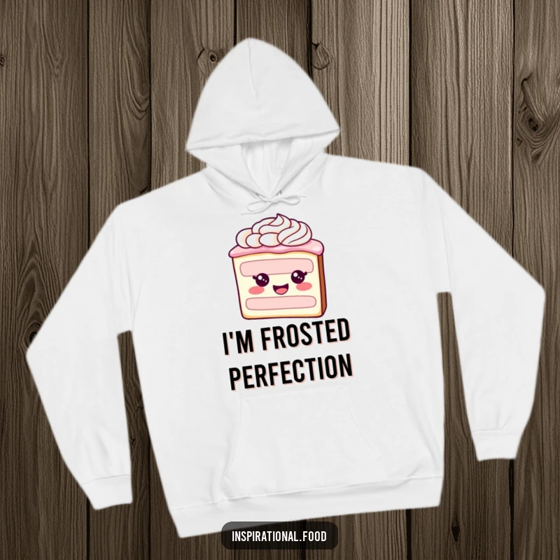 Funny hoodie with a cheerful cake slice character adorned with elegant frosting swirls, offering warmth and sweetness.