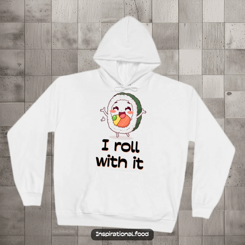 Funny sushi hoodie, a happy sushi roll character in a cheerful loop, perfect for cozying up while dreaming of delicious Japanese food.
