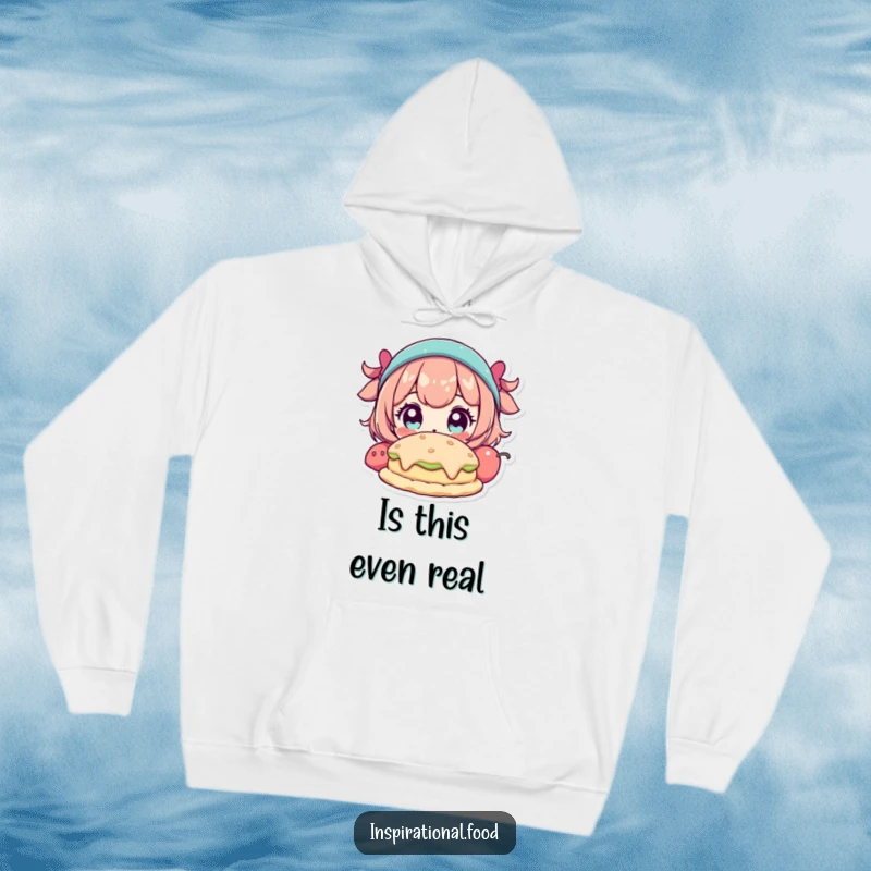 Funny hoodie featuring a character with wide eyes gazing at a fantastical food creation, perfect for cozying up with wonder.